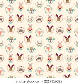 Vector seamless pattern of cute forest elements animals and plants for baby shower and kids design.  