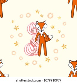 Vector Seamless pattern with cute fox and ball