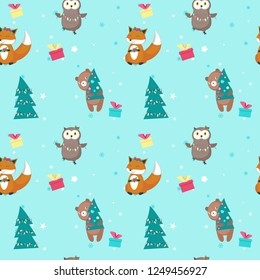 Vector seamless pattern with cute fox, bear, owl with xmas tree lights, holly berries wreath, gift boxes. Christmas animals background, wallpaper, fabric, wrapping paper.