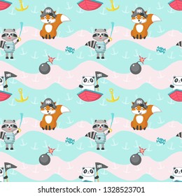 Vector seamless pattern with cute fox, raccoon and panda with pirate captain hat, eye patch, flag, sword etc. Childish pirate background, wallpaper, fabric, wrapping paper.