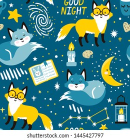 Vector seamless pattern with cute fox, moon, book, lantern and stars. Magic repeated texture with cartoon characters. Childish print for kids fabric and wrapping paper. Bed time stories. Good night.