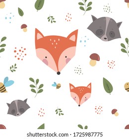 Vector seamless pattern with cute fox, raccoon and mushrooms