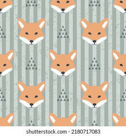 Vector seamless pattern with cute fox on green striped background. Abstract fox, triangles with stripe pattern vector illustration.