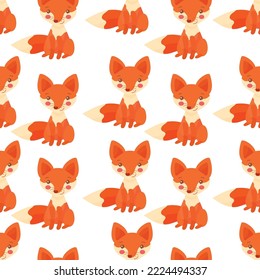 Vector seamless pattern with cute fox. Forest animals. Wildlife. Cartoon style cute happy fox cartoon isolated on white background. Design for fabric, paper, wallpaper, background.