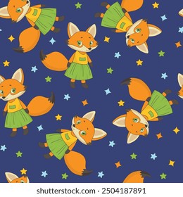 Vector seamless pattern with cute fox in dress on a dark blue background with stars