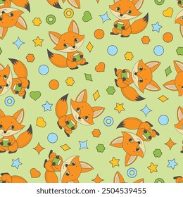 Vector seamless pattern with cute fox on green background