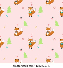 Vector seamless pattern with cute foxes with cake and cup of tea. Funny animals background, wallpaper, fabric, wrapping paper.