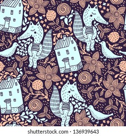vector seamless pattern with cute foxes