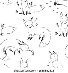 Vector seamless pattern with cute foxes isolated on white. Hand drawn texture with cartoon animal characters in sketch style.