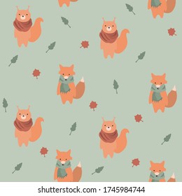 Vector seamless pattern with cute foxes and squirrels in warm clothes. Isolated animals and autumn leaves. Light green background