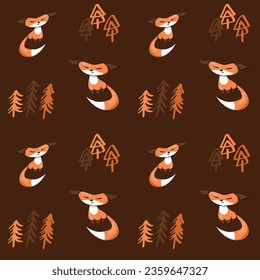 Vector seamless pattern with cute foxes and fir trees on brown background