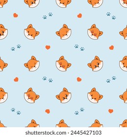 Vector seamless pattern with cute foxes, hearts love and footprints on blue background