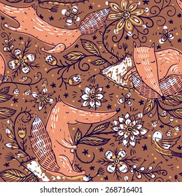 vector seamless pattern with cute foxes and fantasy floral elements