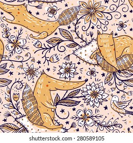 vector seamless pattern with cute foxes and fantasy flowers