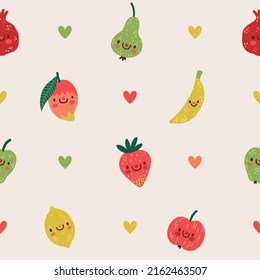 Vector seamless pattern with cute fresh fruits. Summer repeated texture with smiling exotic fruits. Kids print with cartoon apple, lemon, mango, strawberry, pomegranate, pear and banana.