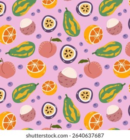 Vector seamless pattern with cute fresh exotic fruits. Tropical summer food background for textiles, packaging, wallpapers, postcards, covers. Papaya, lychee, watermelon, passion fruit, strawberry