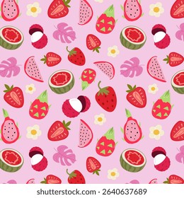 Vector seamless pattern with cute fresh exotic fruits. Tropical summer food background for textiles, packaging, wallpapers, postcards, covers. Papaya, lychee, watermelon, passion fruit, strawberry