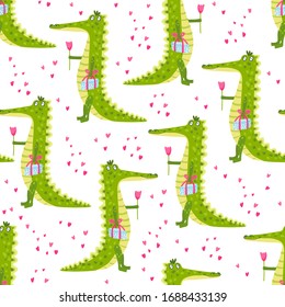 Vector seamless pattern with a cute friendly crocodile. It has a tulip flower and a gift box. It's smiling.  Great for fabrics, baby clothes, wrapping papers. 