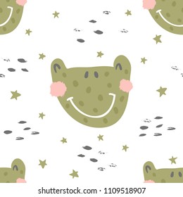 vector seamless pattern, cute frog face and textures