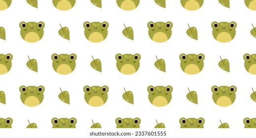 Vector seamless pattern with cute frogs and leaves. Kawaii baby frogs on white background. Funny childish seamless pattern.