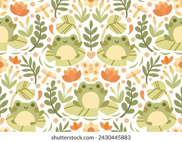 Vector seamless pattern with cute frogs and botanical elements. Hand drawn illustration with cartoon style for print, fabric, textile.