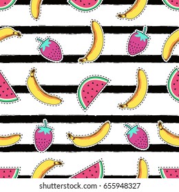Vector seamless pattern with cute fruit patch badges: banana, watermelon and strawberry on striped background. Trendy summer collection of stickers, pins, patches in cartoon comic style.
