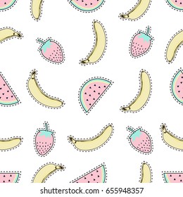 Vector seamless pattern with cute fruit patch badges: banana, watermelon and strawberry. Trendy summer collection of stickers, pins, patches in cartoon comic style.