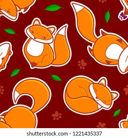 Vector seamless pattern cute funny characters foxes stickers for packaging, cards, posters. Brown background.
