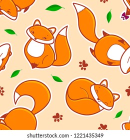 Vector seamless pattern cute funny characters foxes stickers for packaging, cards, posters. Beige background.