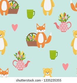 Vector seamless pattern with cute funny orange fox and yellow bear animalsc characters with a basket of spring tulips flowers, kettle, cups and hearts on blue background. Ideal for kids greeting cards