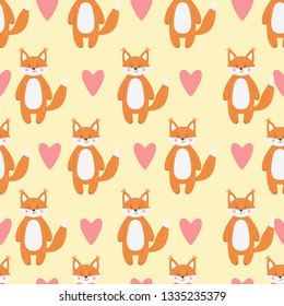 Vector seamless pattern with cute funny orange fox animal character on yellow background. Ideal for kids greeting cards, posters, invitations, gift wrapping paper