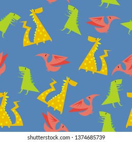 Vector seamless pattern of cute funny cartoon dinosaurs on the blue background. For kids, children, boys and girls fashion clothes, textile, fabric.