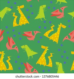 Vector seamless pattern of cute funny cartoon dinosaurs on the green background. For kids, children, boys and girls fashion clothes, textile, fabric or 
wrapping paper design.