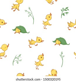 Vector seamless pattern with cute funny yellow cartoon ducklings and green plants. Colored seamless background with ducklings.