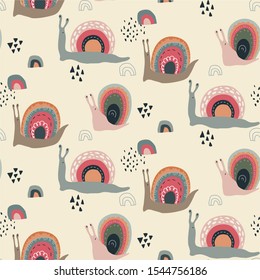 Vector seamless pattern with cute funny rainbow snails in abstract scandinavian style. Colorful endless background for textile, wrapping paper, invitations, preschool and children room decoration