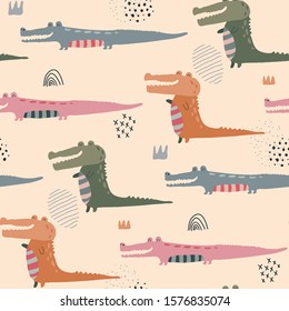 Vector seamless pattern with cute funny crocodiles in abstract scandinavian style. Colorful endless background for textile, wrapping paper, invitations, preschool and children room decoration