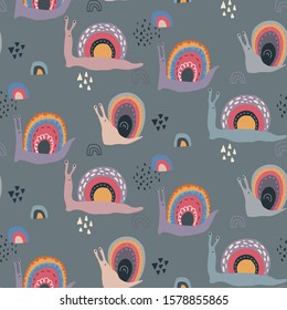 Vector seamless pattern with cute funny rainbow snails in abstract scandinavian style. Colorful endless background for textile, wrapping paper, invitations, preschool and children room decoration