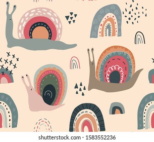 Vector seamless pattern with cute funny rainbow snails in abstract scandinavian style. Colorful endless background for textile, wrapping paper, invitations, preschool and children room decoration
