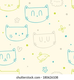 Vector seamless pattern with cute funny cats and birds