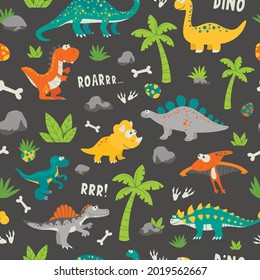 Vektornahtloses Muster. Cute und Funny Flat Dinosaurier - T-rex, Stegosaurus, Velociraptor, Pterodactyl, Brachiosaurus, Ankylosaurus, Diplodocus, Spinosaurus, Brontosaurus, Triceratops. Dinosaurierdrucker