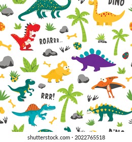 Vector Seamless Pattern. Cute and Funny Flat Dinosaurs - T-rex, Stegosaurus, Velociraptor, Pterodactyl, Brachiosaurus, Ankylosaurus, Diplodocus, Spinosaurus, Brontosaurus, Triceratops. Dinosaur Print