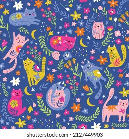 Vector seamless pattern with cute funny cats in cartoon style. Ideal kids design, for fabric, wrapping, textile, wallpaper, apparel