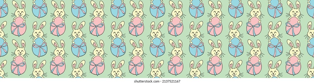 Vector seamless pattern with cute funny color easter bunnies with egg. Spring holiday backgrounds and textures in doodle flat style