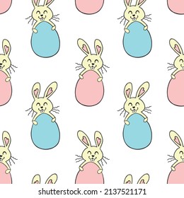 Vector seamless pattern with cute funny color easter bunnies with egg shaped frames. Spring holiday backgrounds and textures in doodle flat style