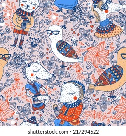 vector  seamless pattern with cute funny animals