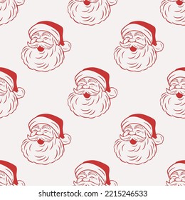 Vector Seamless Pattern with Cute Funny Smiling Santa Claus Head. Design Template for Holiday Merry Christmas, Happy New Year Greeting Cards, Banners, Textile, Wallpapers, Fabrics, Packaging, Wrapping