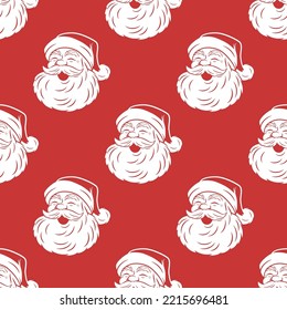 Vector Seamless Pattern with Cute Funny Smiling Santa Claus Head. Design Template for Holiday Merry Christmas, Happy New Year Greeting Cards, Banners, Textile, Wallpapers, Fabrics, Packaging, Wrapping