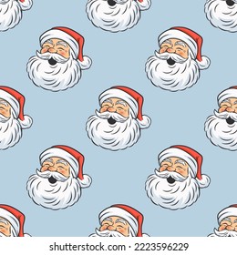 Vector Seamless Pattern - Cute Funny Smiling Santa Claus on Blue. Design Template for Holiday Merry Christmas, Happy New Year Greeting Cards, Banners, Textile, Wallpapers, Fabrics, Packaging, Wrapping