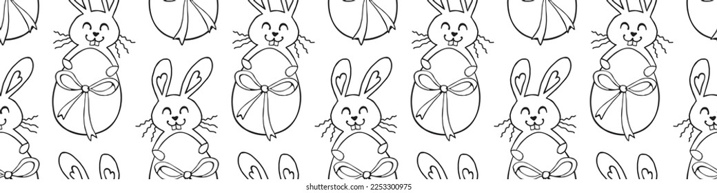 Vector seamless pattern with cute funny contoured easter bunnies with egg. Spring holiday backgrounds and textures in doodle style