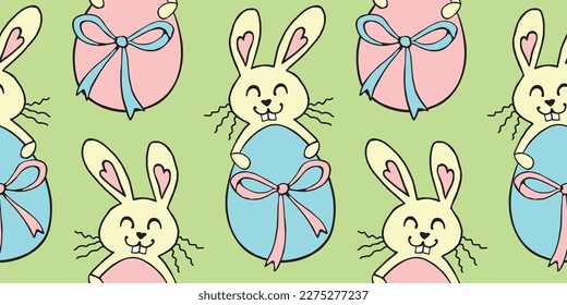 Vector seamless pattern with cute funny color easter bunnies with egg. Spring holiday backgrounds and textures in doodle flat style